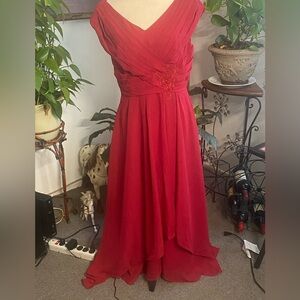 Red V-Neck Chiffon Maxi Dress with Waist Detail